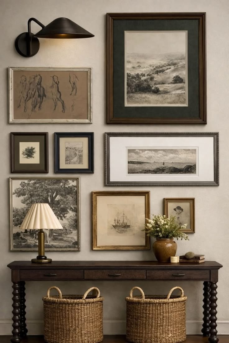 A gallery wall of framed prints above a console table