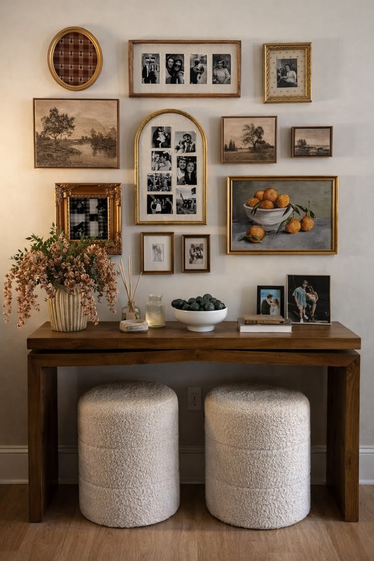A vintage gallery wall above a timber console