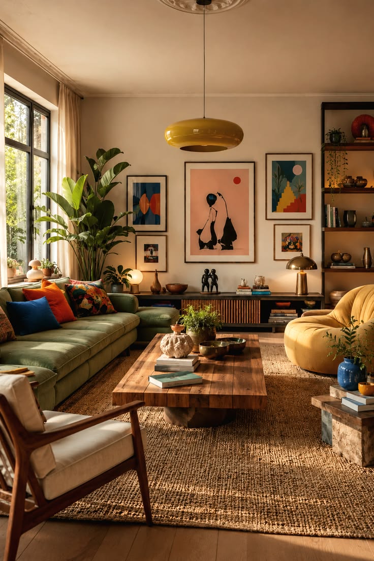 A warm living room layered with art, plants and colour
