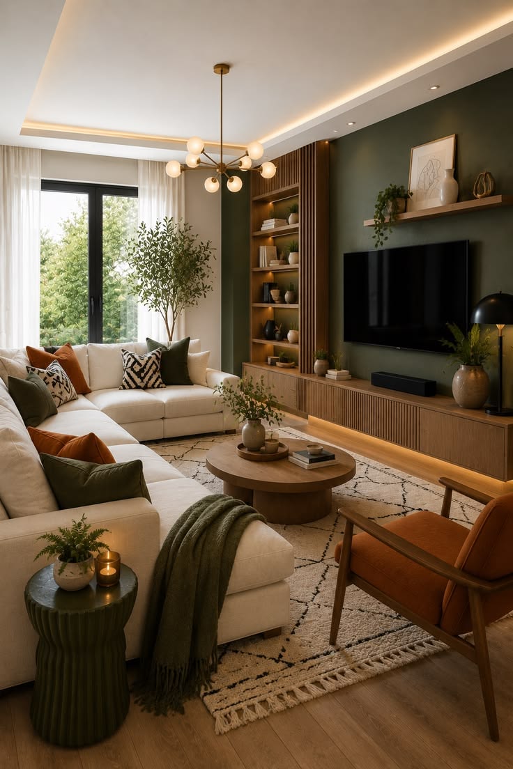 Staged living room in green and cream, fully dressed