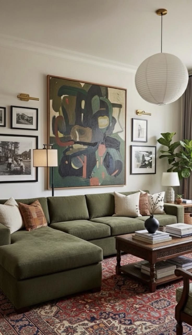 A green sectional under a large abstract canvas