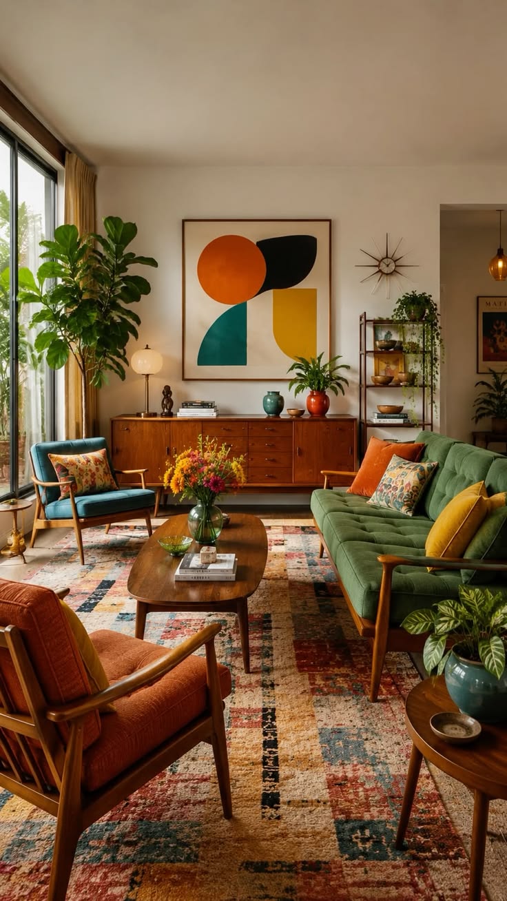 A mid-century living room on a patterned rug