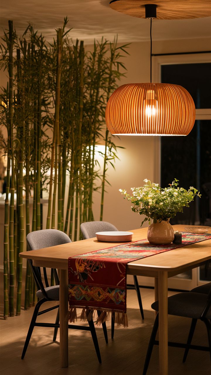 A dining table under a warm pendant after dark