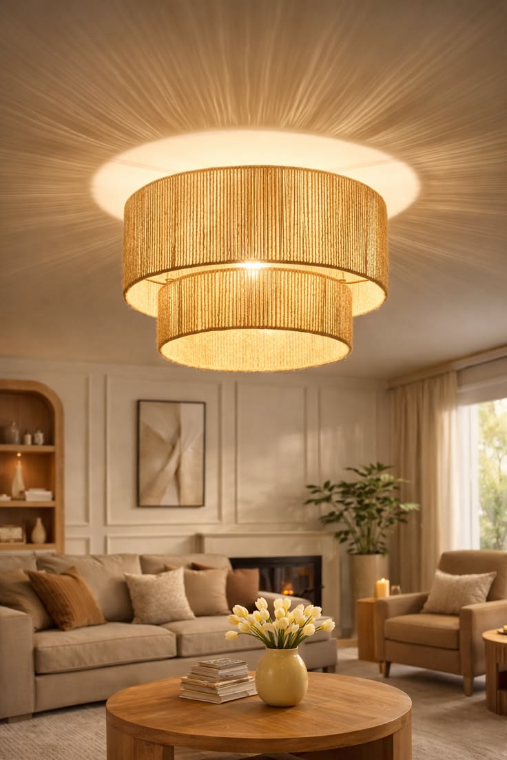 A woven drum chandelier throwing light across a ceiling