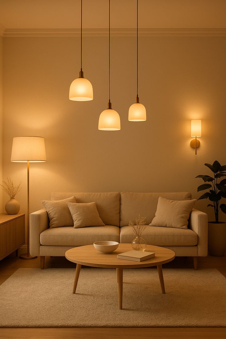 Finished living room at evening, pendants and lamps lit