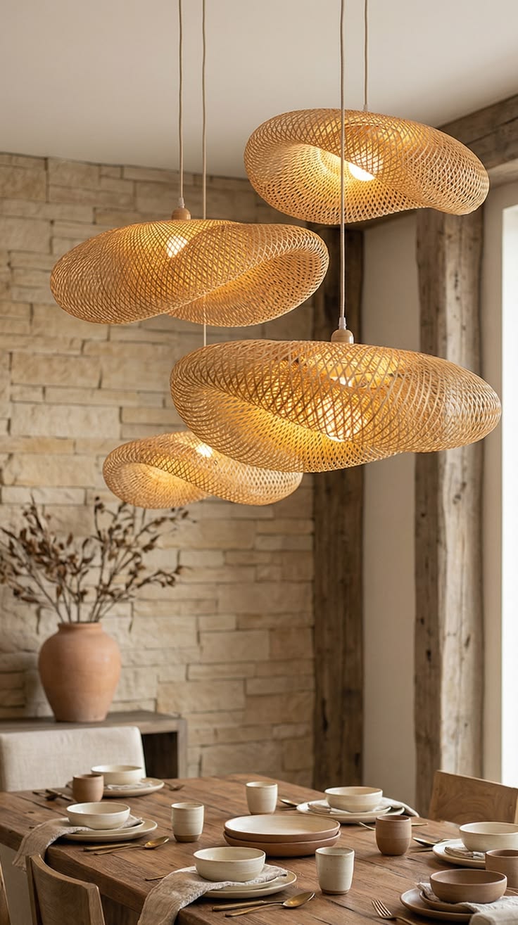 Woven pendants hung low over a dining table