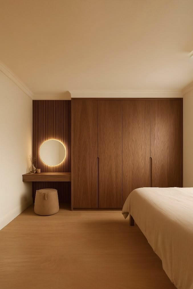A fitted walnut wardrobe wall in a bedroom