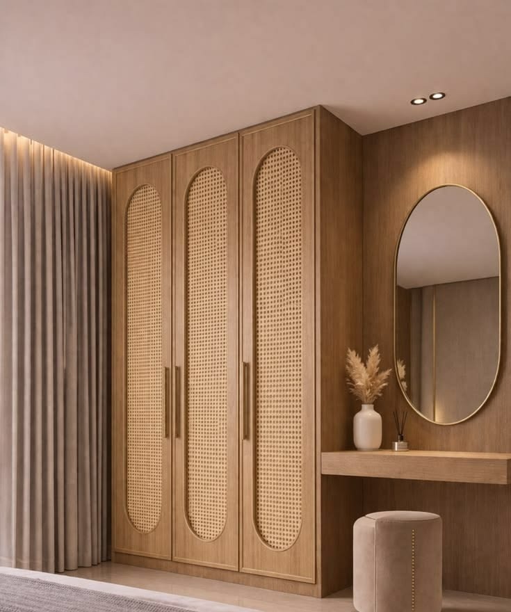 A cane-fronted wardrobe beside a dressing table