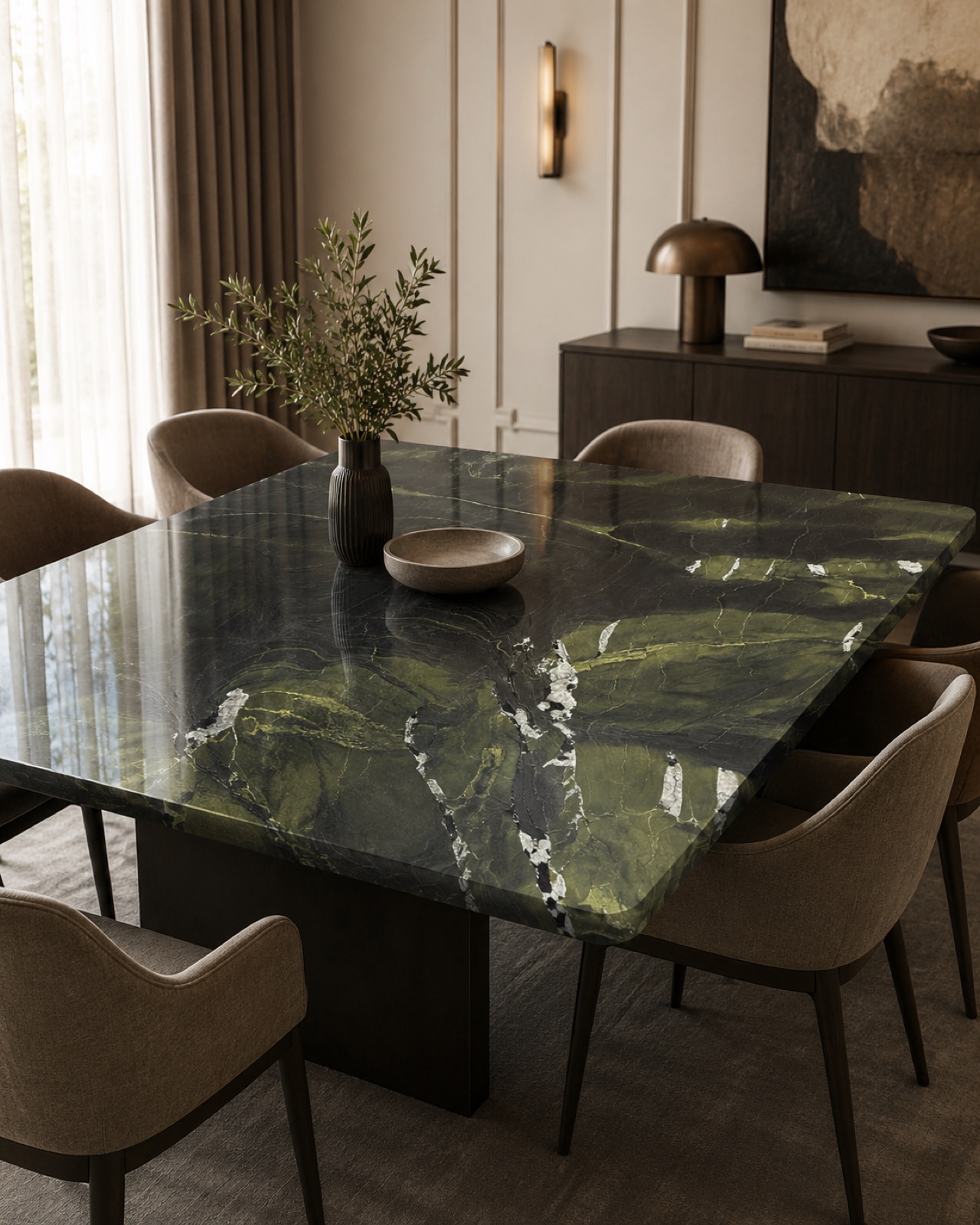 A green marble dining table with quartz veining