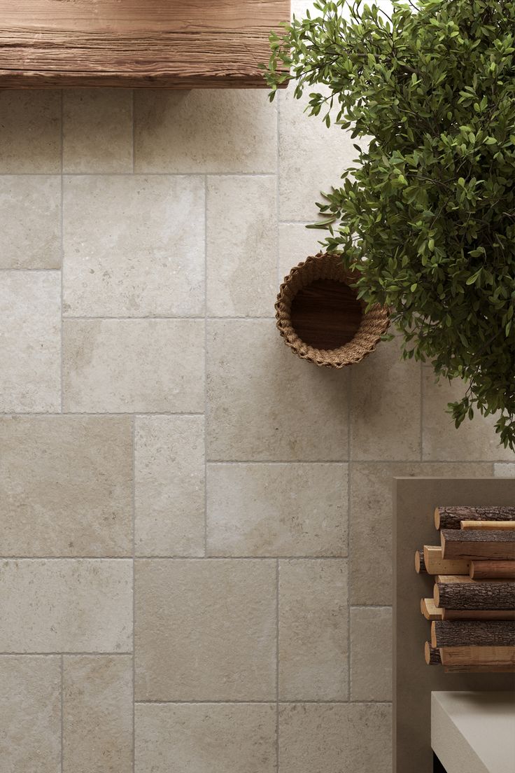 Limestone floor tiles in a tumbled pattern, seen from above