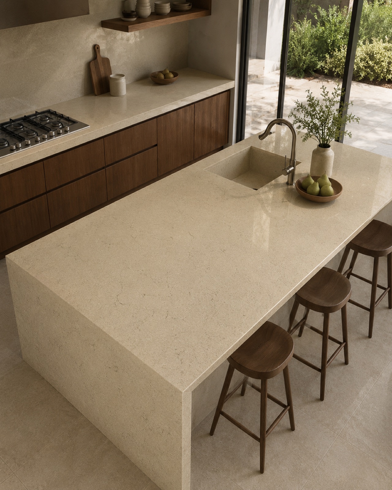 A cream limestone waterfall island opening to a garden