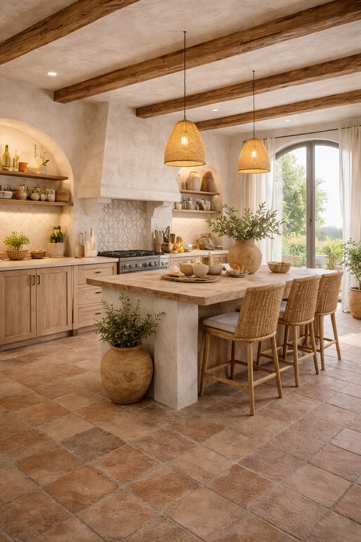 A kitchen floored in warm stone tile