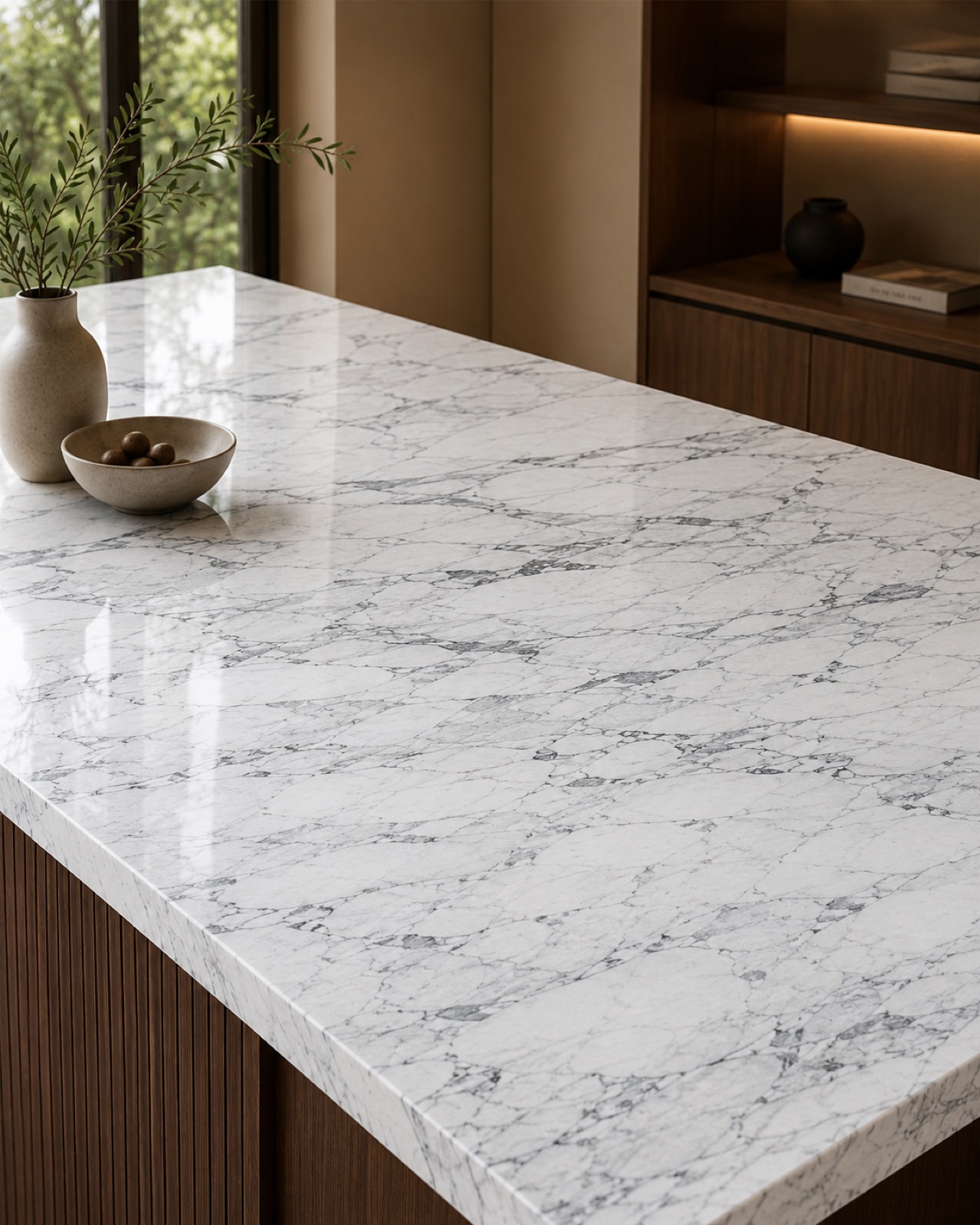 A white marble kitchen counter with grey veining, close up