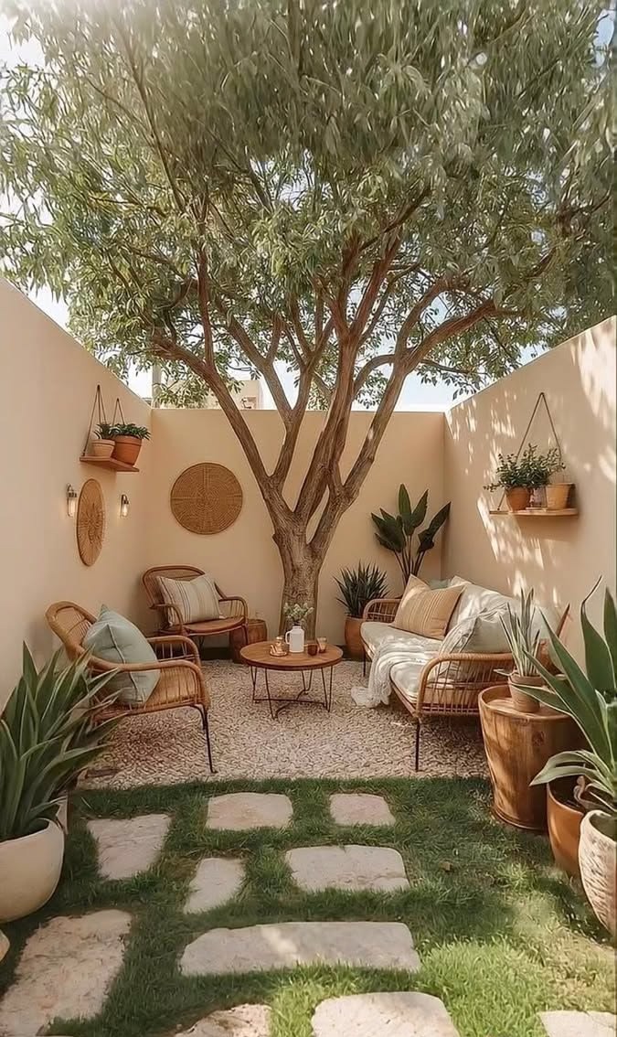 A small courtyard built around an olive tree