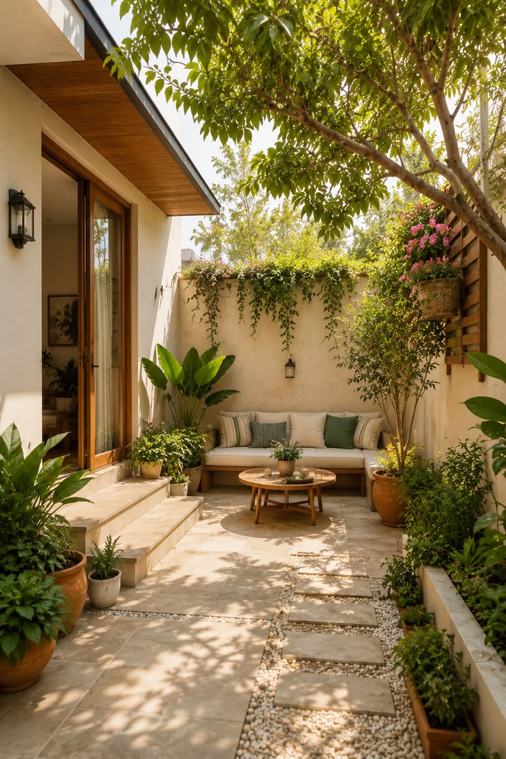 A planted courtyard with seating and a stone path