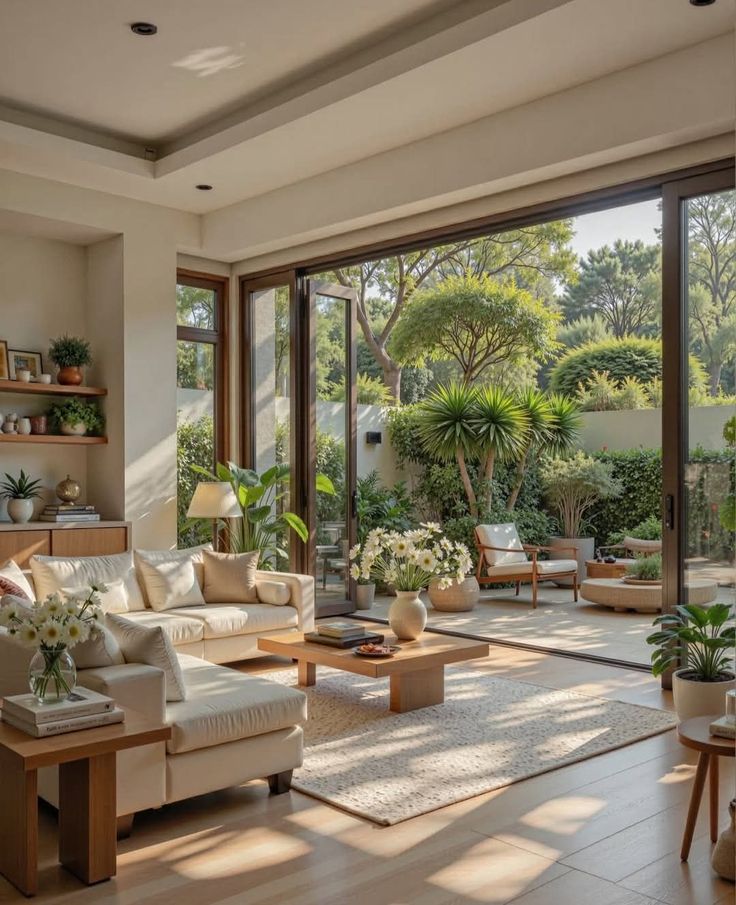 A living room opening onto a planted terrace
