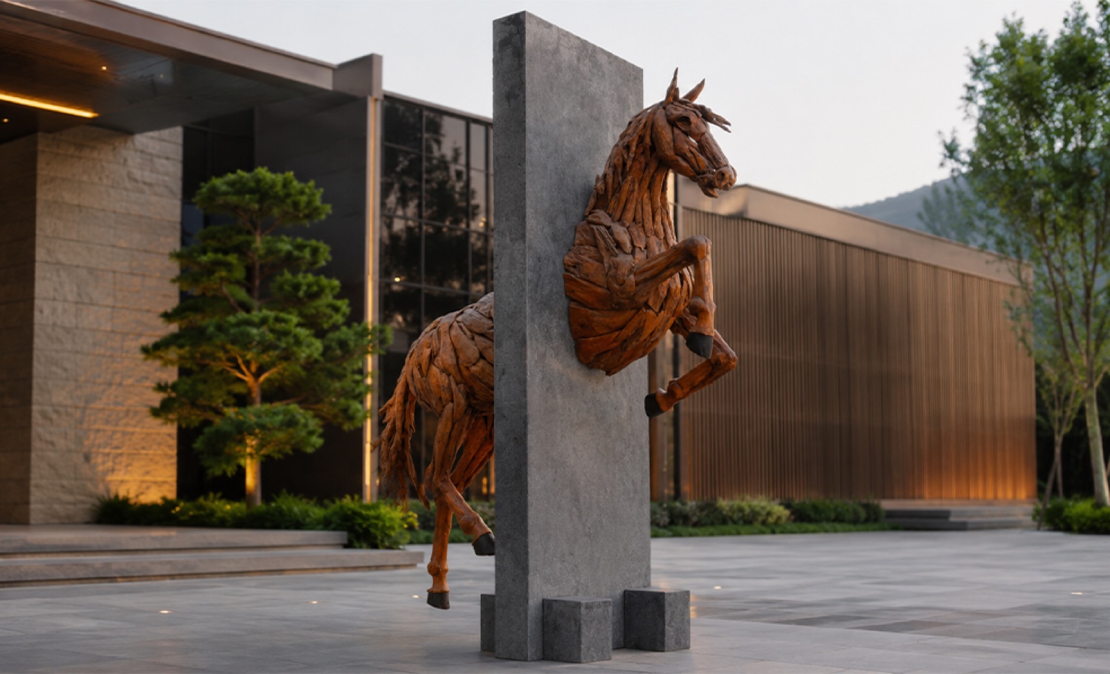 Bronze, stone and wood sculptures grouped together