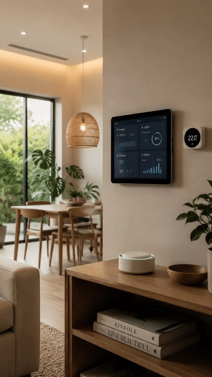 A wall-mounted home dashboard beside a thermostat
