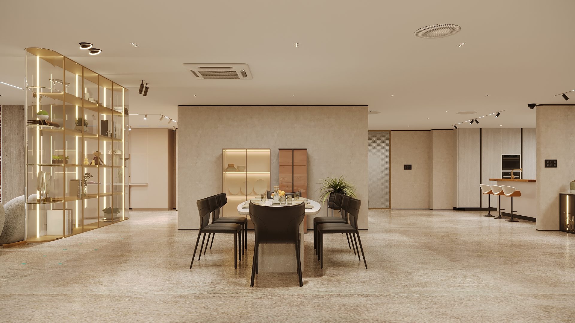 An illuminated brass shelving divider beside a dining table