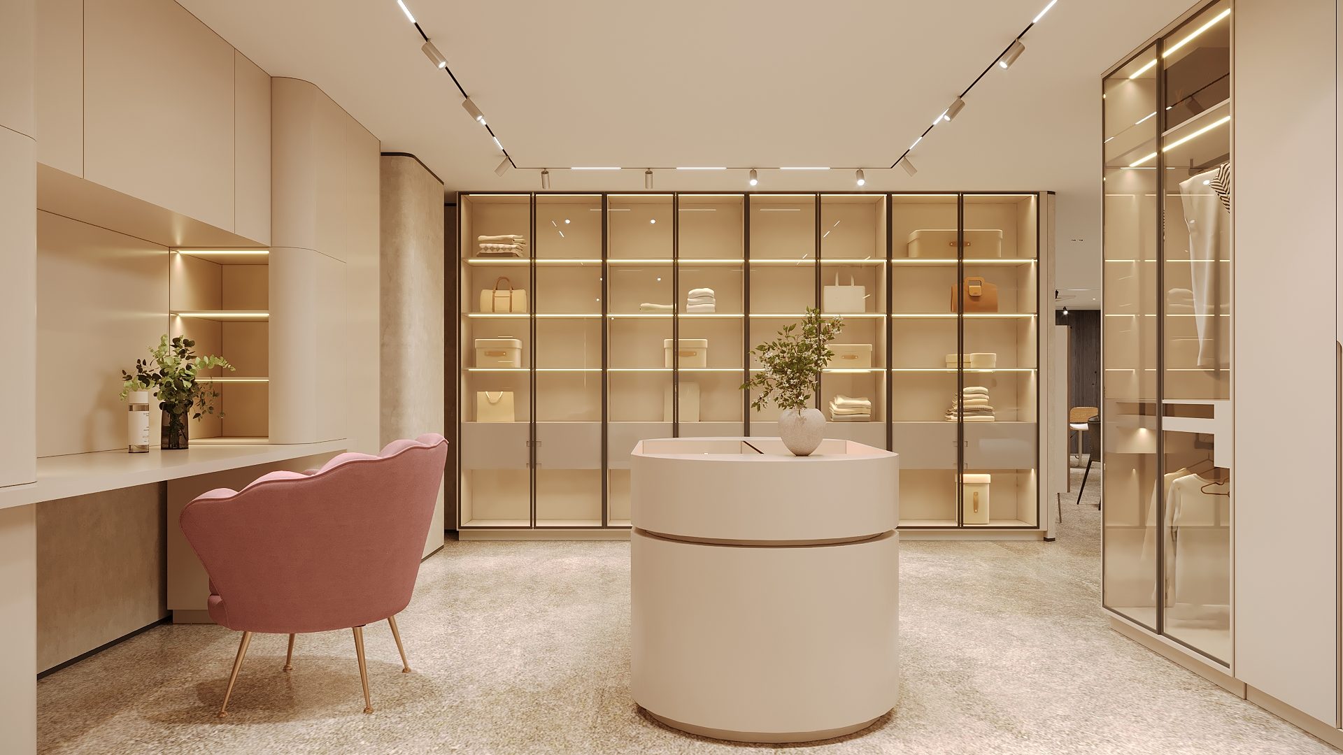 A dressing room wall of lit glass cabinets