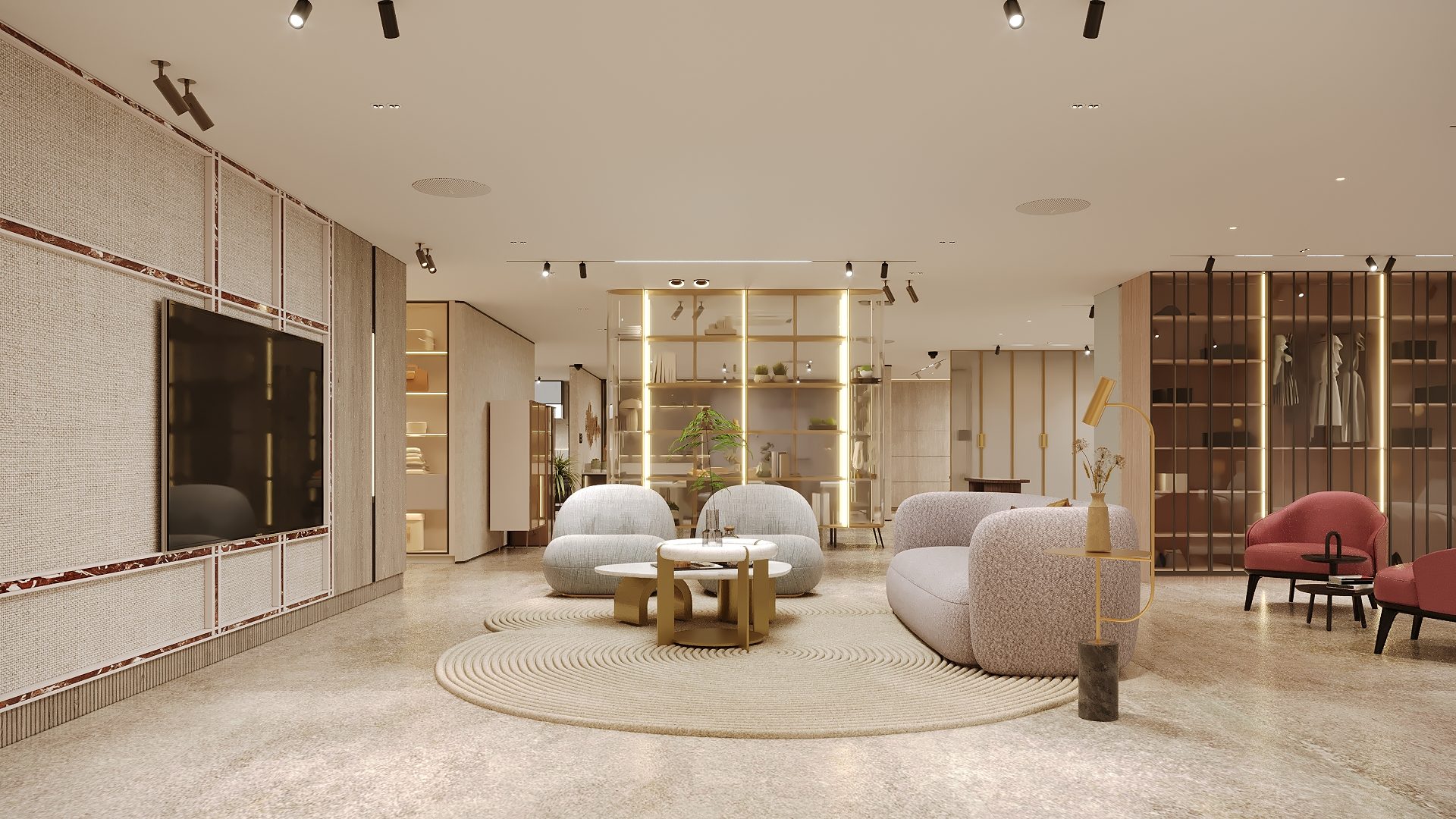 Ceiling track picking out a lounge and a stone wall