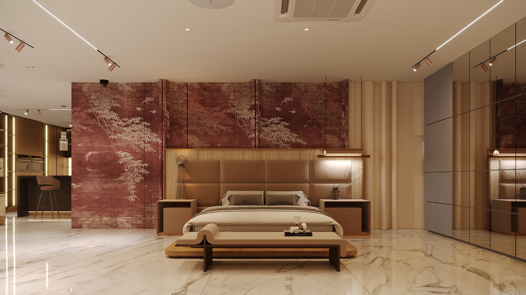 A bed on a veined marble floor against a painted panel wall