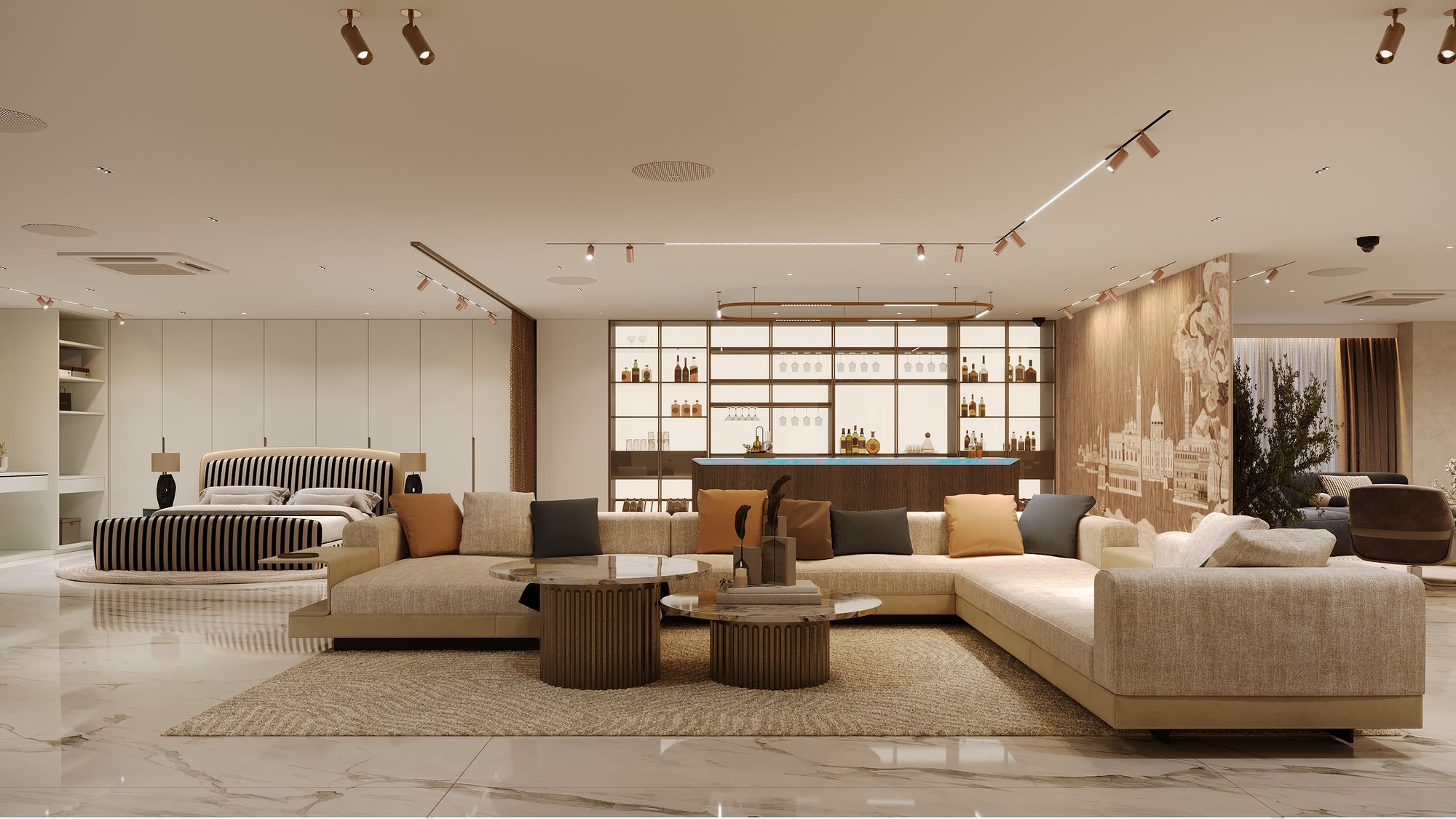 Sofas and beds set out across a marble floor