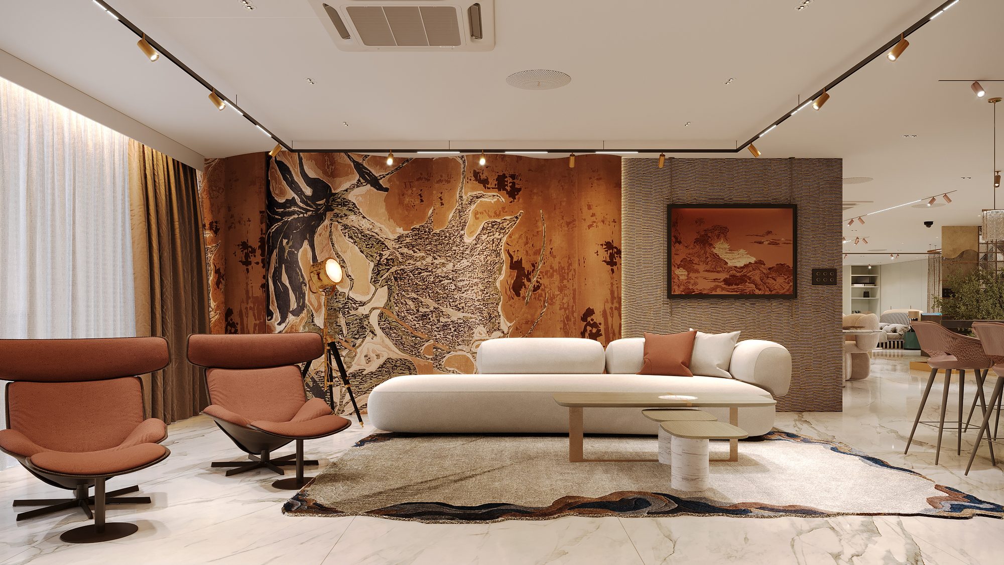 A low sofa and swivel chairs on a marble floor under an art wall