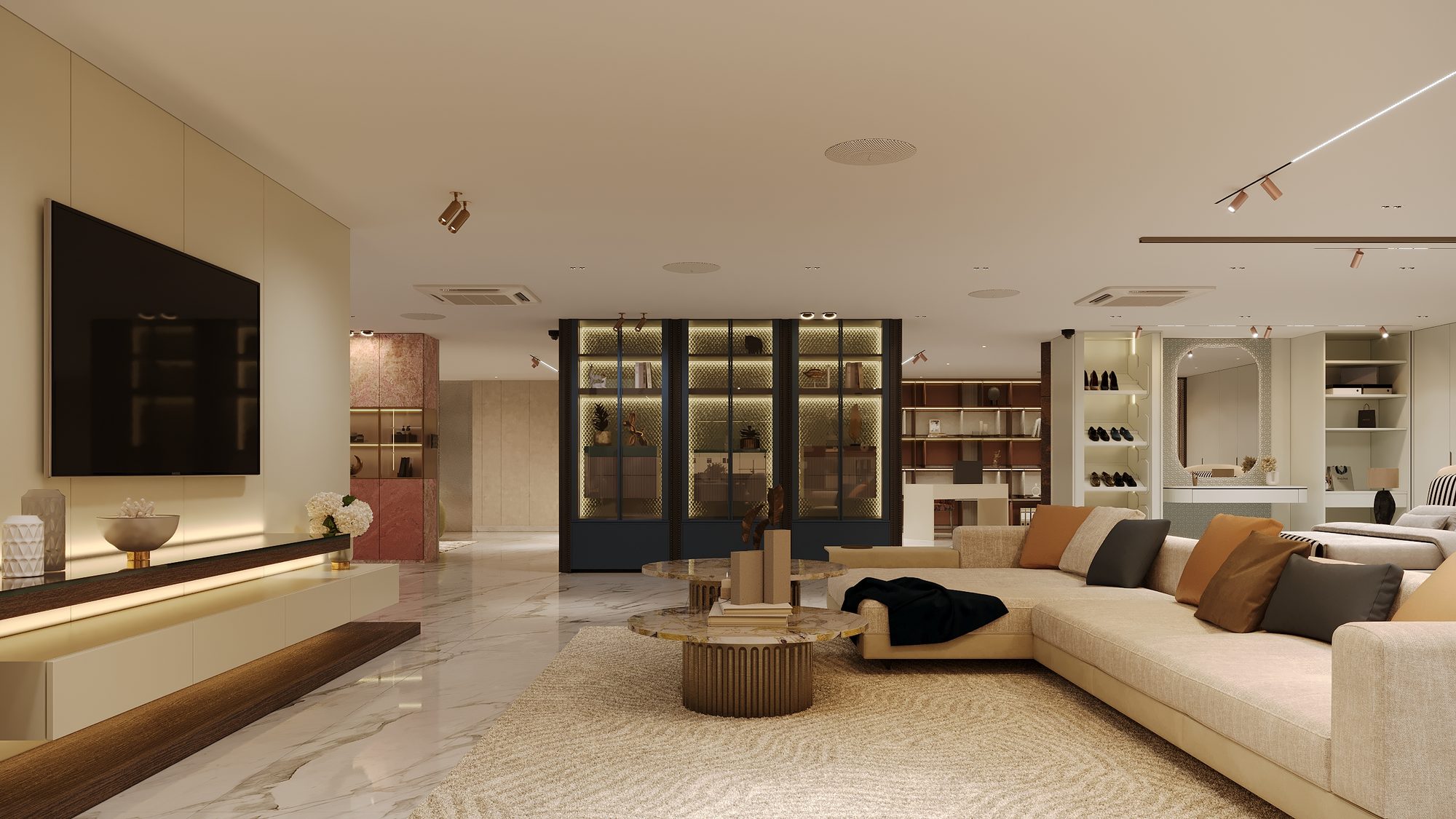 A deep sectional sofa on a marble floor beside lit cabinets