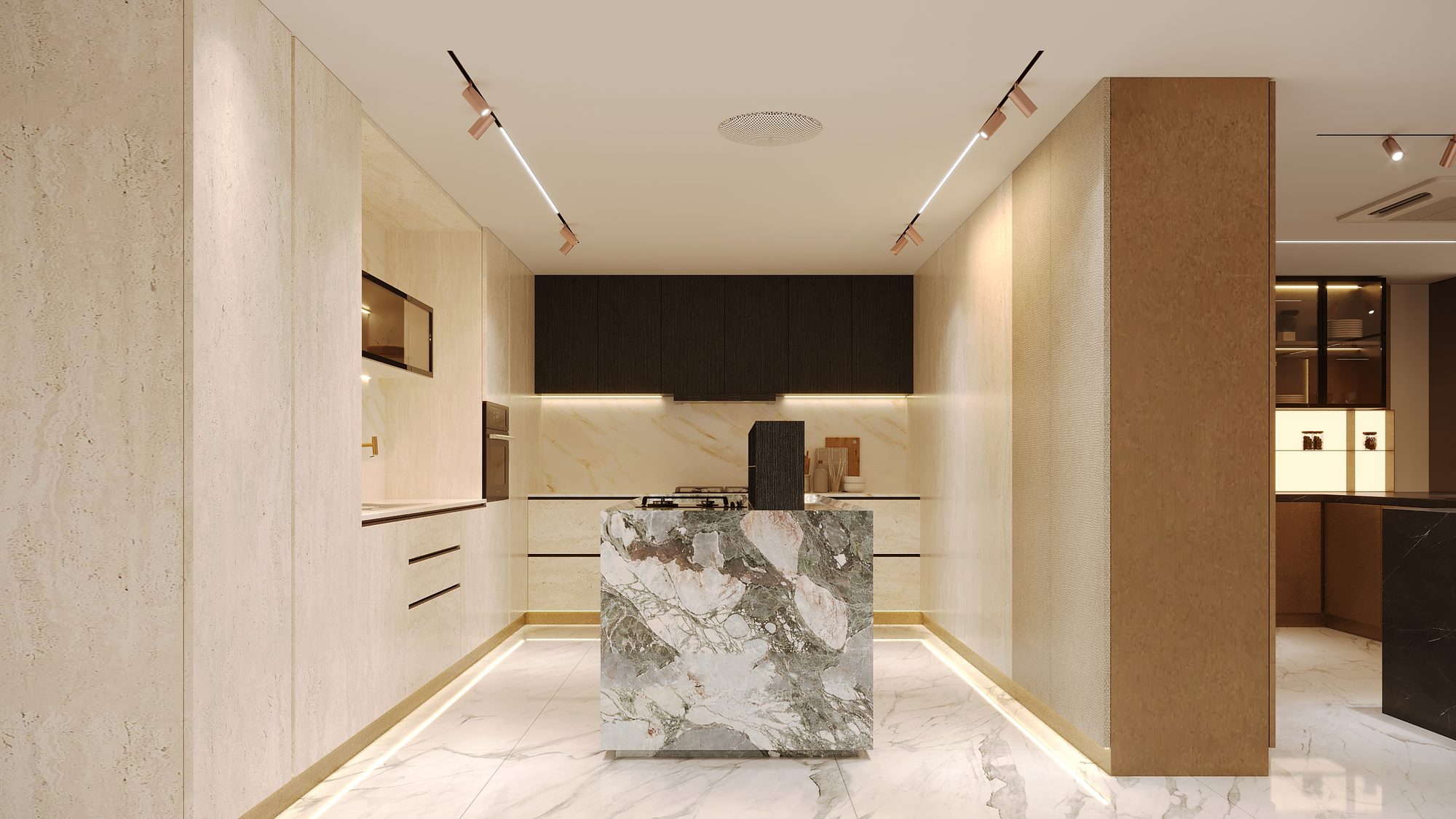 A marble island between travertine walls under ceiling track