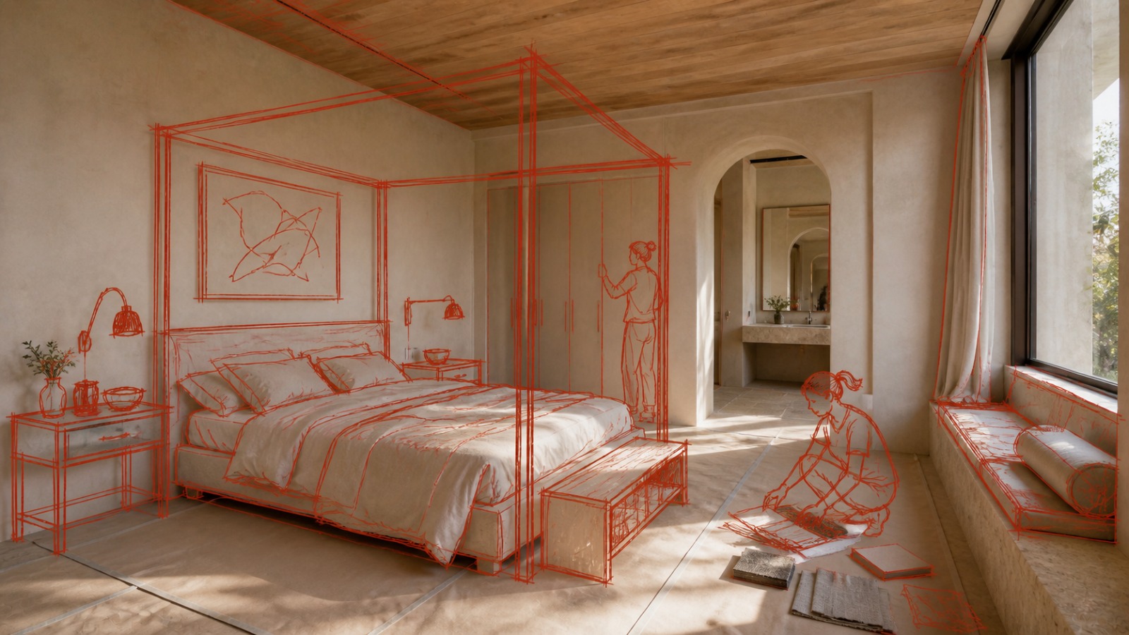 A bedroom with a four poster bed and side lamps, drawn in red linework