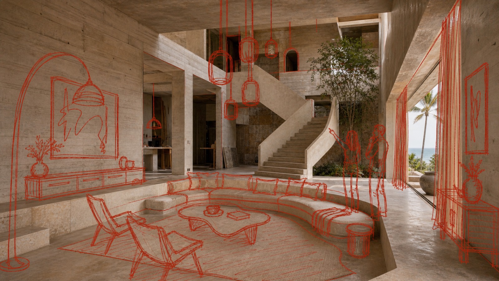 A double height living room opening to a sea view, drawn in red linework