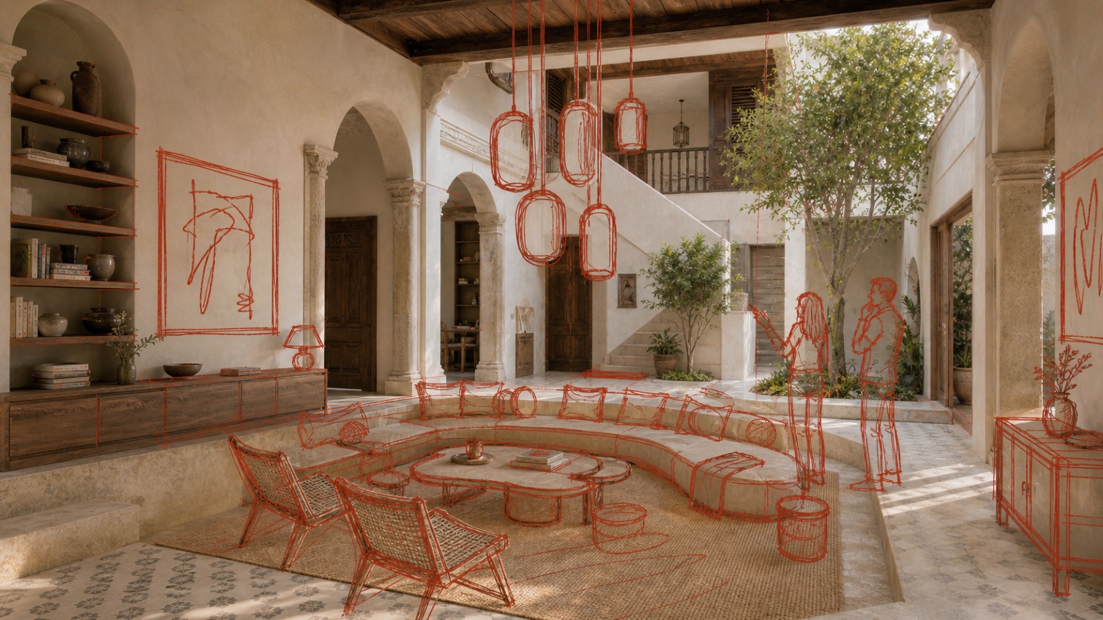 A courtyard living room with rattan pendants and a curved sofa, drawn over in red linework