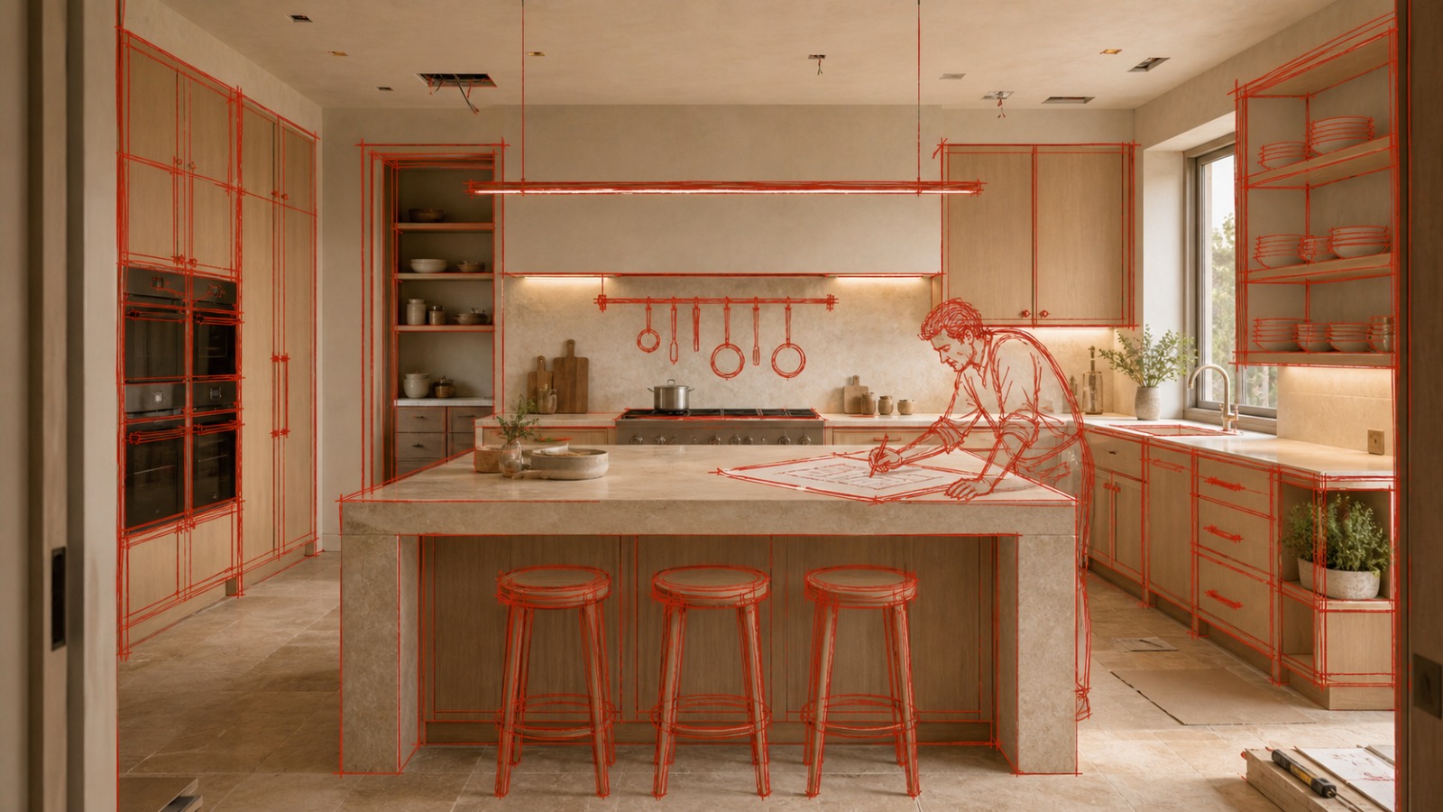 A kitchen with a stone island and open shelving, traced in red linework