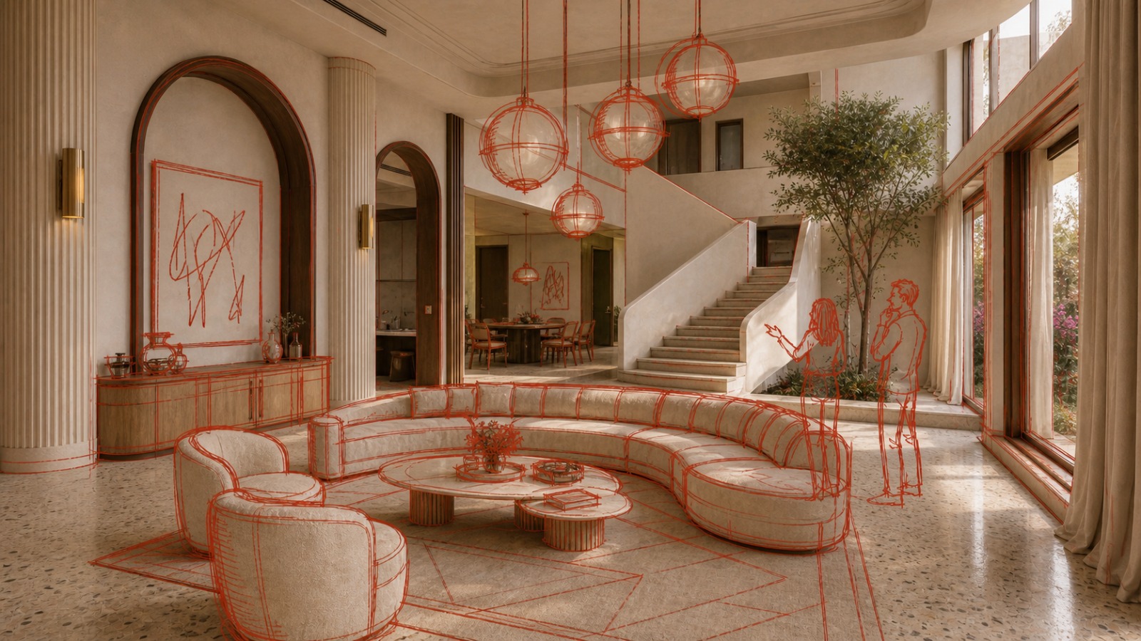 A living room with cluster pendants over a curved sofa on terrazzo, drawn in red linework