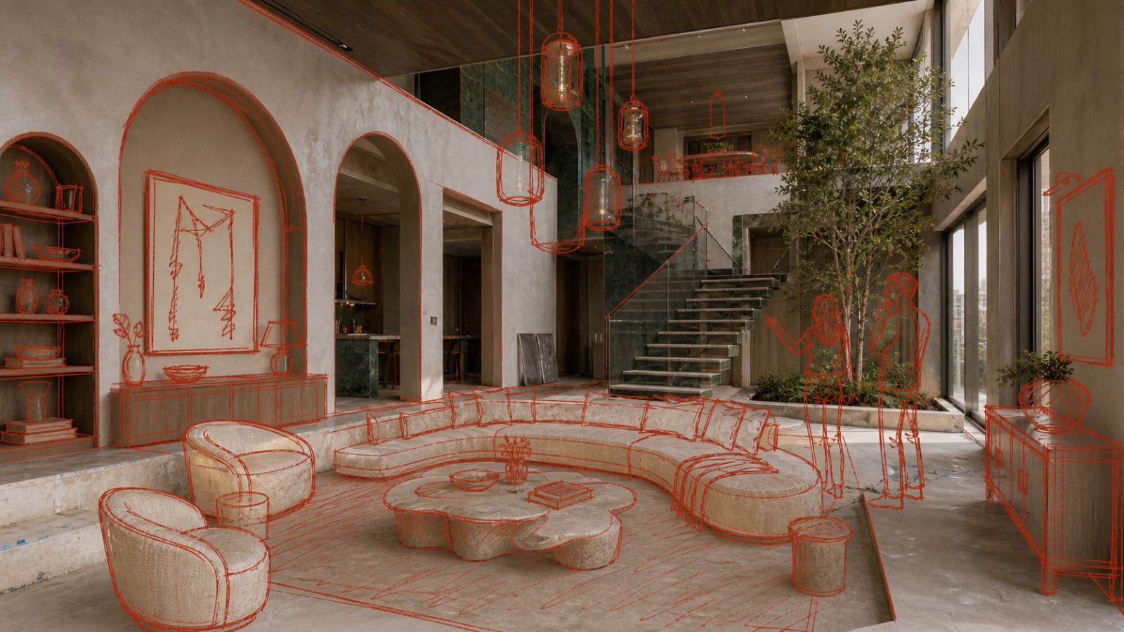 A living room with a woven curved sofa under arches, drawn in red linework