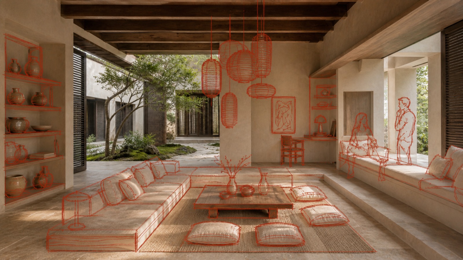 A low lounge with woven lanterns and floor cushions around a courtyard, drawn in red linework