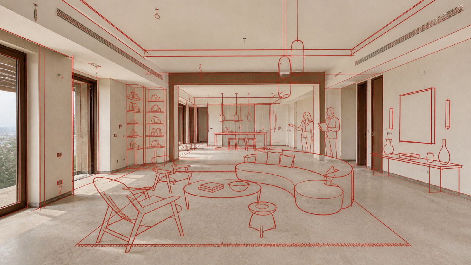 An open living and dining room with a curved sofa and a wide view, drawn in red linework